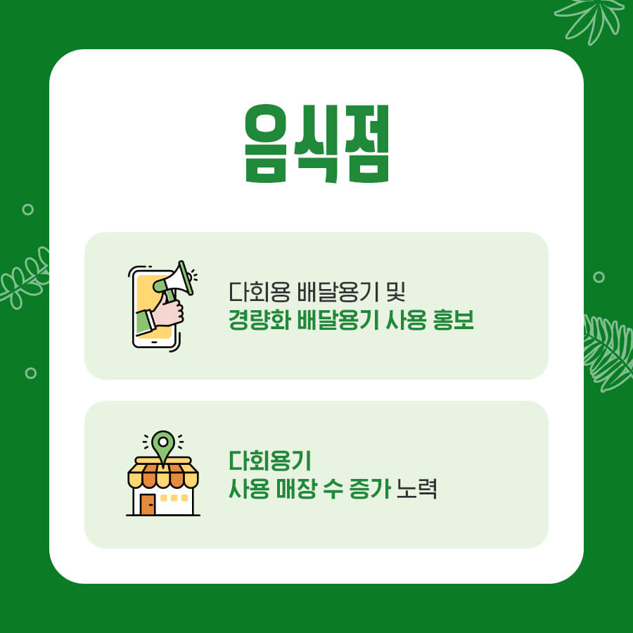 음식점
다회용 배달용기 및
경량화 배달용기 사용 홍보
다회용기
사용 매장 수 증가 노력