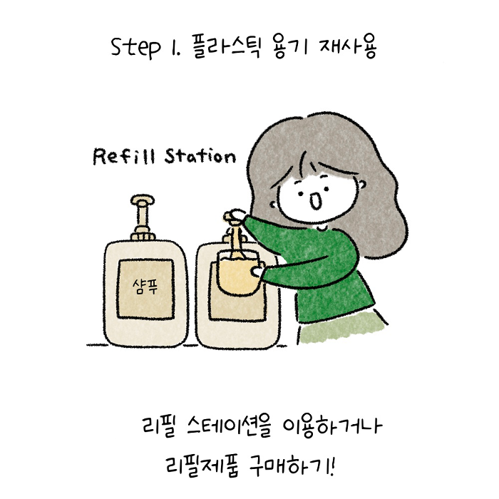 step 1. 플라스틱 용기 재사용
Refill Station 샴푸
리필 스테이션을 이용하거나 리필제품 구매하기!
