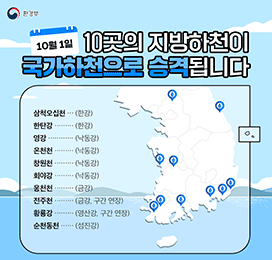 환경부 10월 1일 10곳의 지방하천이 국가하천으로 승격됩니다 삼척오십천 ··· (한강) 한탄강 ············· (한강) 영강 ·················· (낙동강) 온천천 ············· (낙동강) 창원천 ············· (낙동강) 회야강 ············· (낙동강) 웅천천 ············· (금강) 전주천 ············· (금강, 구간 연장) 황룡강 ············· (영산강, 구간 연장) 순천동천 ········· (섬진강)